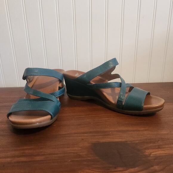Dansko Womens Size 7.5/38 Man Made Leather Teal Open Toe Chunky Heel Sandals New - Picture 9 of 10